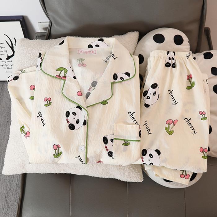 Милый милый пижамный комплект из двух частей с принтом медведя, осенняя повседневная универсальная домашняя одежда, пижамы женские Y2K мягкие женские пижамы