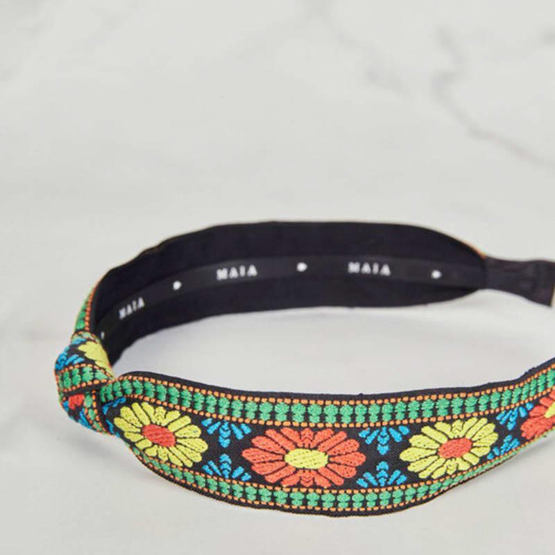 MAIA Зеленая Цветочная Жаккардовая Повязка для Волос - Узловатая Оранжево-Зеленая