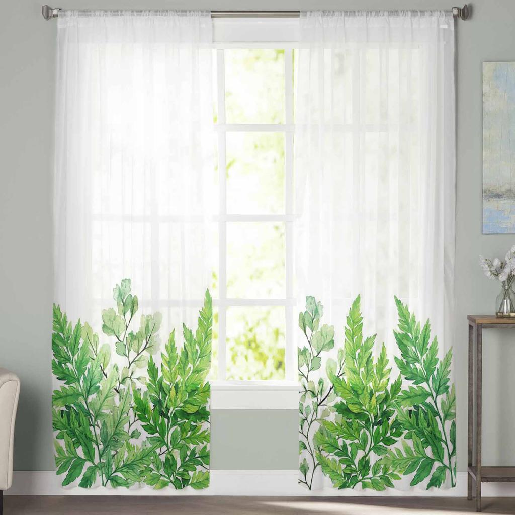 Spring Watercolor Green Leaves Tulle Sheer Curtains For Living Room Bedroom Kitchen For Windows Voile Drapes Home Decoration