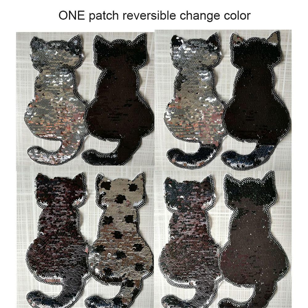 Cute Sewing Coat Jeans Applique Reversible Color Sequins Cat Patch DIY Clothes
