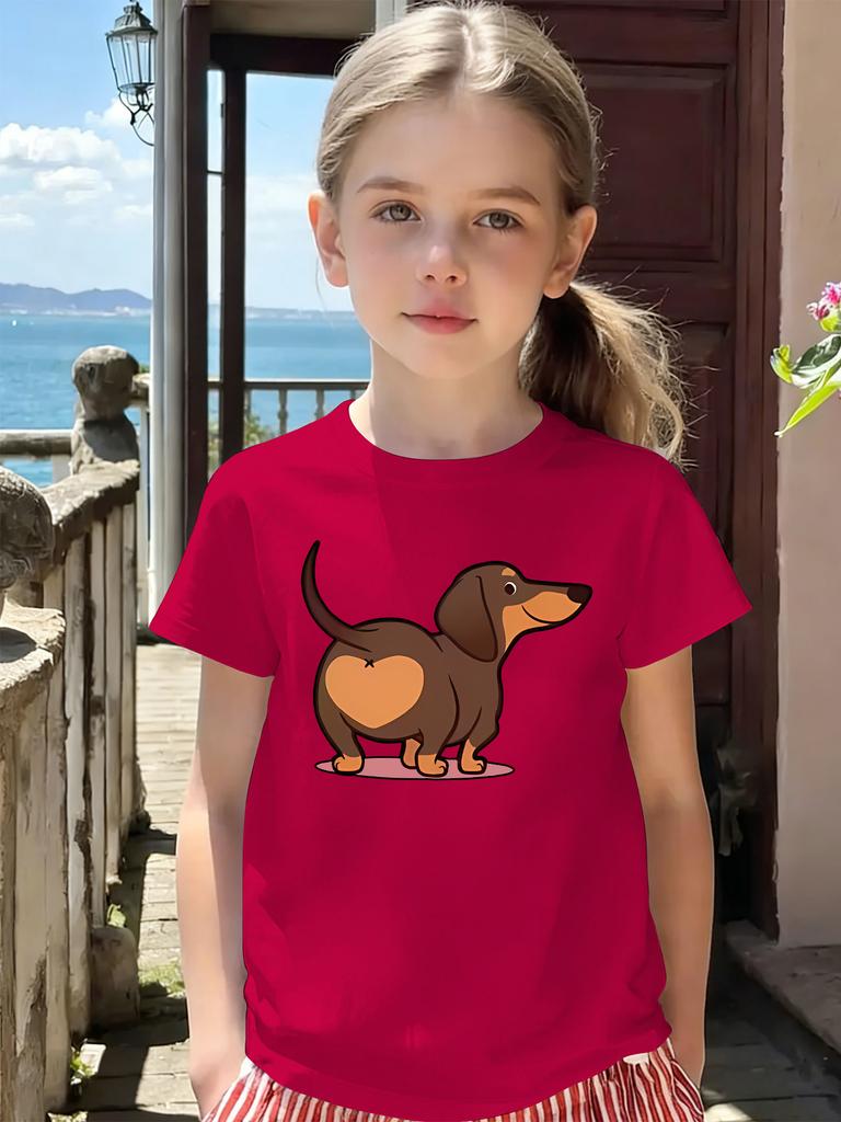 Cute Heart Butt Dachshund Cartoon Print KidsT Shirt Boys Girls Cotton Short Sleeve Parent Child Matching Summer Casual Basic Tee