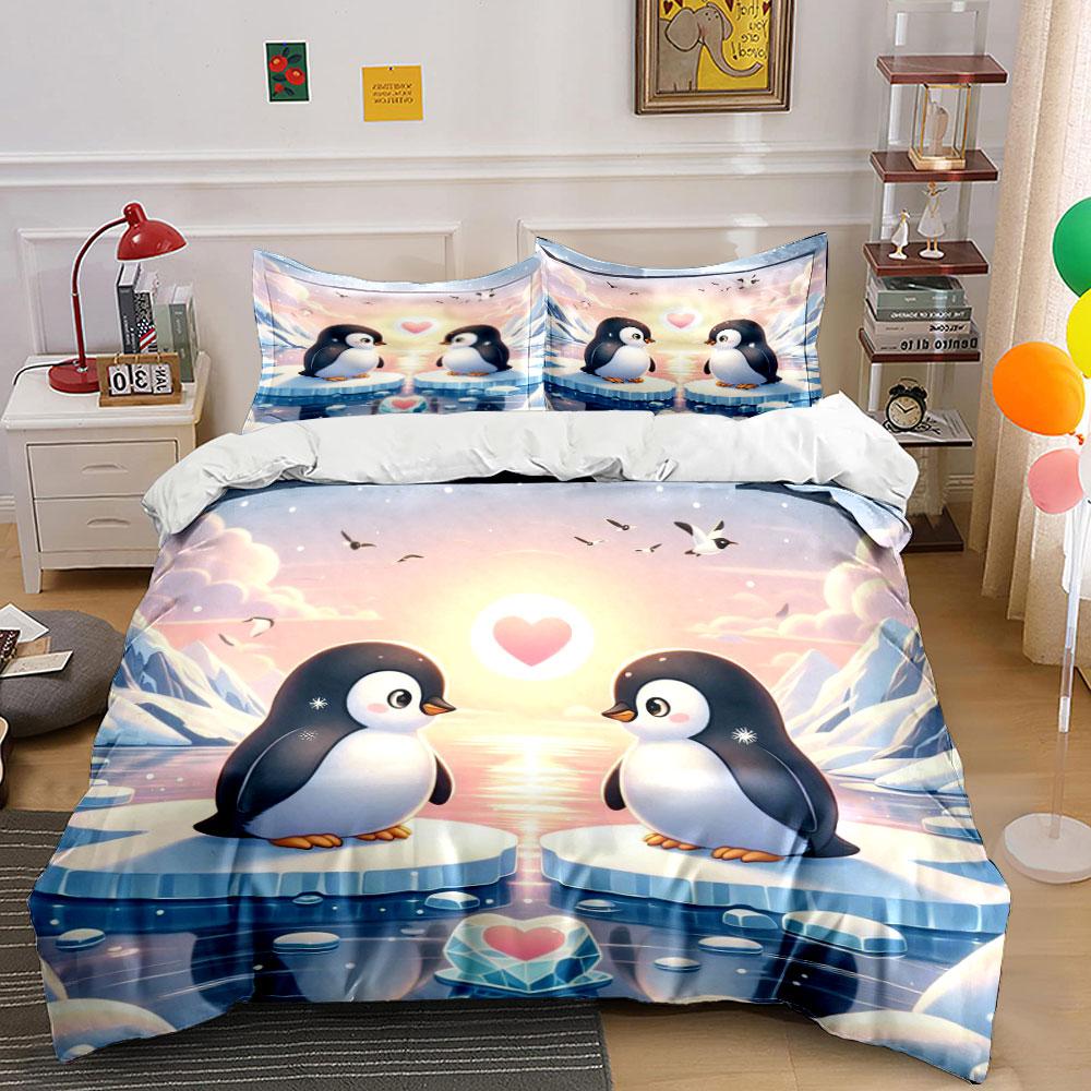 Penguins, icebergs, heart symbol. Bedding sets Duvet cover sets Duvet covers Pillowcases(1*Duvet Cover 2*Pillowcases without duvet insert)