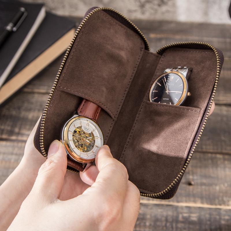CONTACTS FAMILY Two-Piece Top Grain Cowhide Watch Pouch - Handmade Storage for Couple's Wristwatches