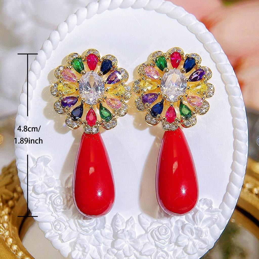CMM Vibrant Multi Colored Cubic Zirconia Golden Embellished Floral Earrings with Stunning Green Teardrop Drops A Fashion Statement for Every Occasion