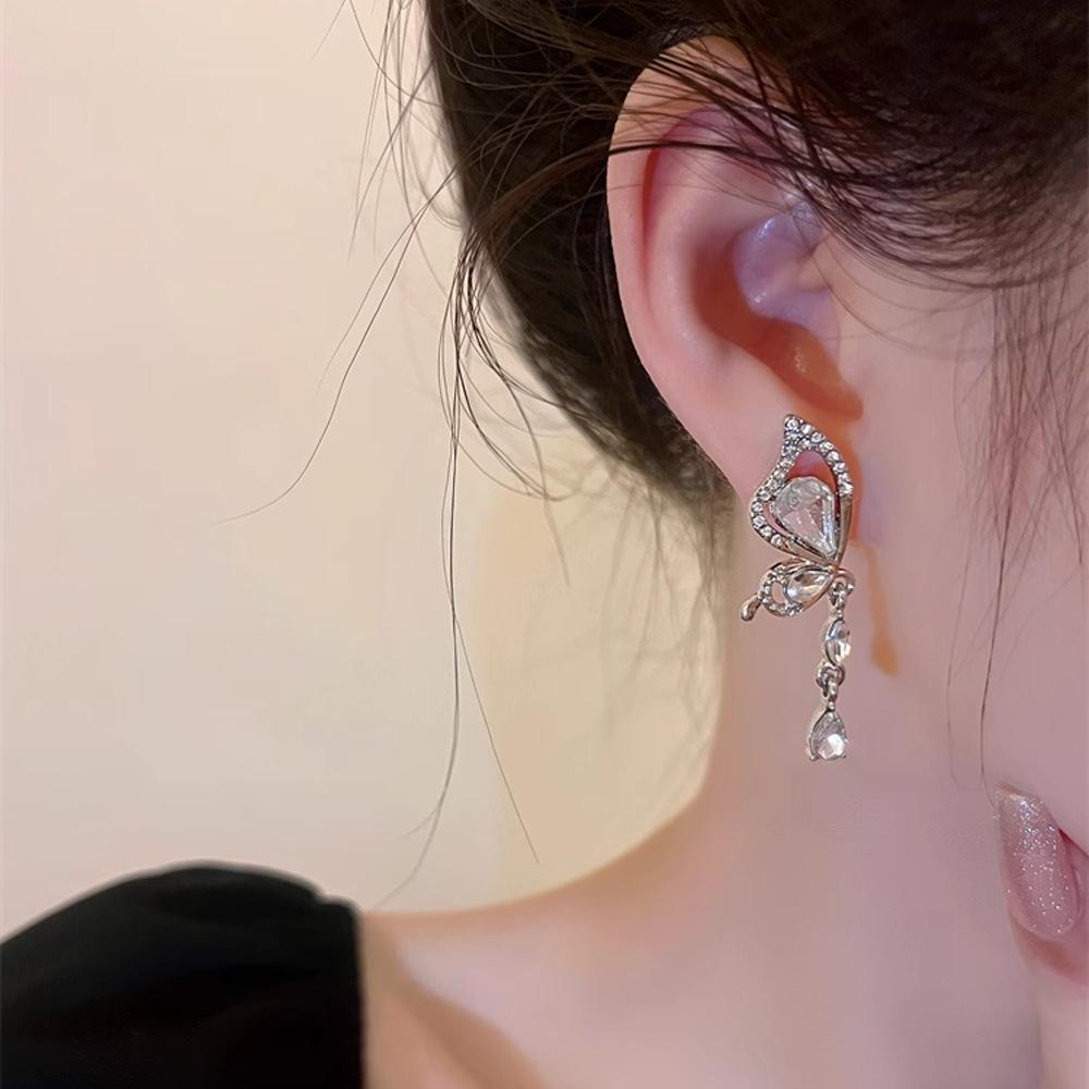 Silver Needle Diamond Asymmetrical Butterfly Tassel Earrings Korean Niche Temperament Earrings Exquisite Design Earrings Women