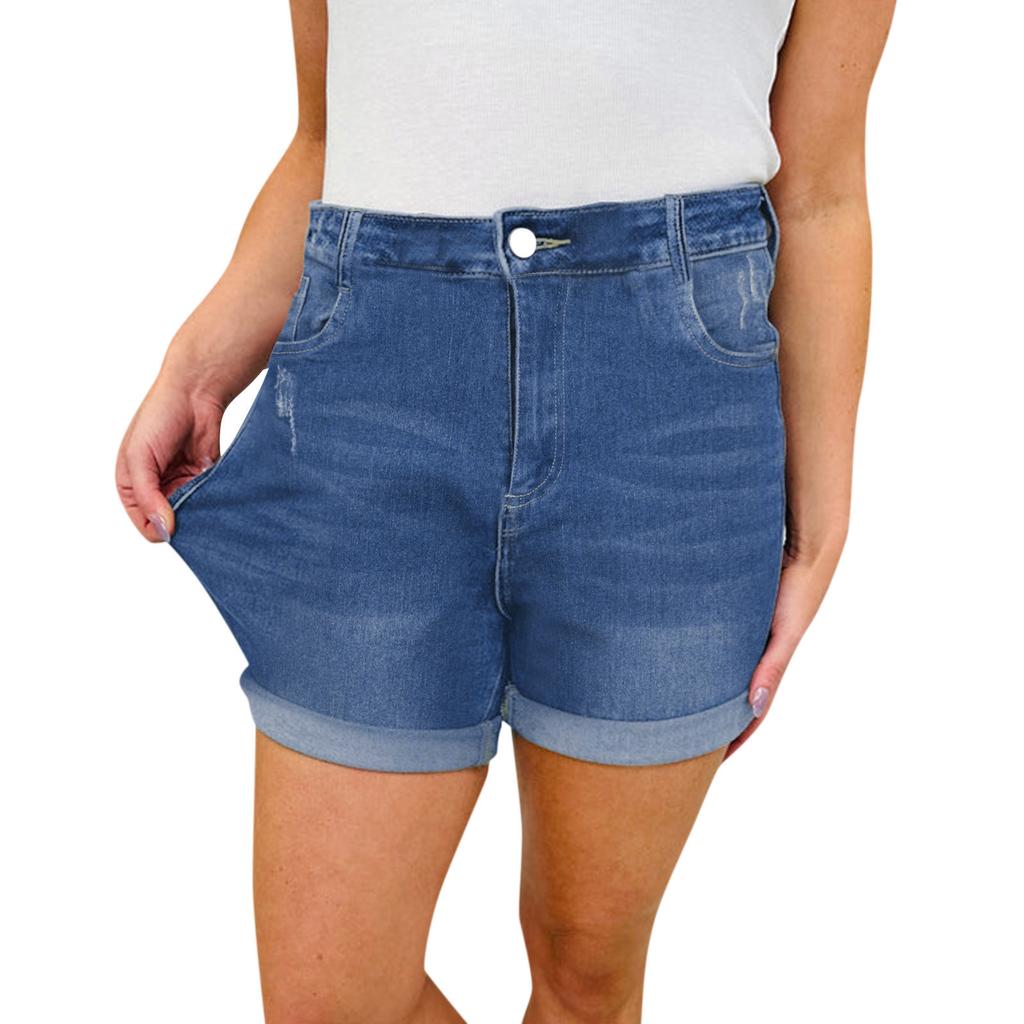 High Waist Elastic Waist Mid Length Shorts-Casual High Waisted Denim Shorts,Stretch Jean Shorts With Adorable Double Pockets