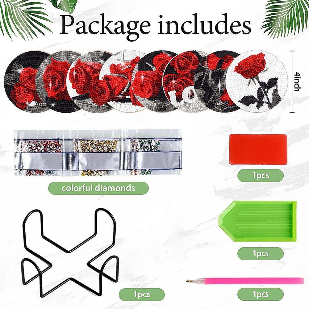 8 Pcs Diamond Painting Coasters Kits Red Rose Acrylic Diamond Painting Art Coaster Kit for Coffee Table Bar Mugs Glass Cup Beer