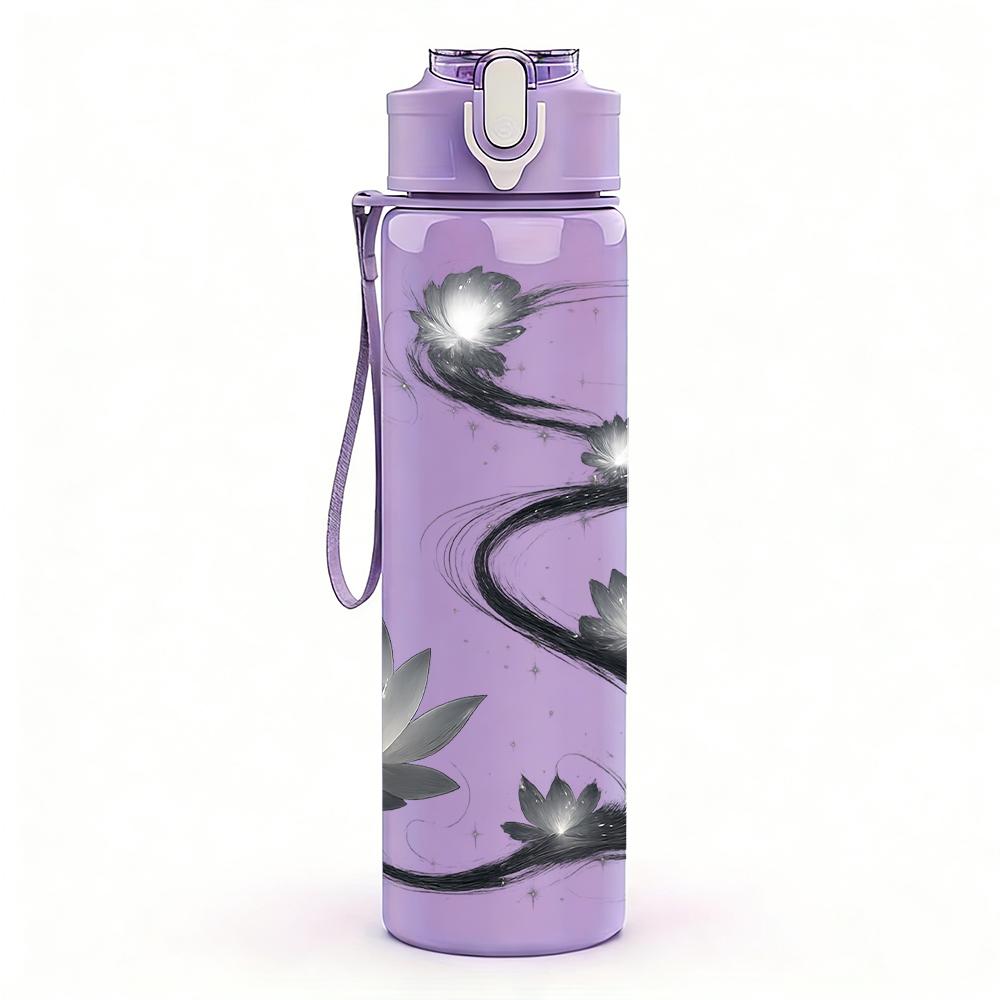 1PC Lotus Ink Line Art 750ml Color Plastic Sports Water Bottle Leakproof Flip Straw Lid For Sports Office Home Use