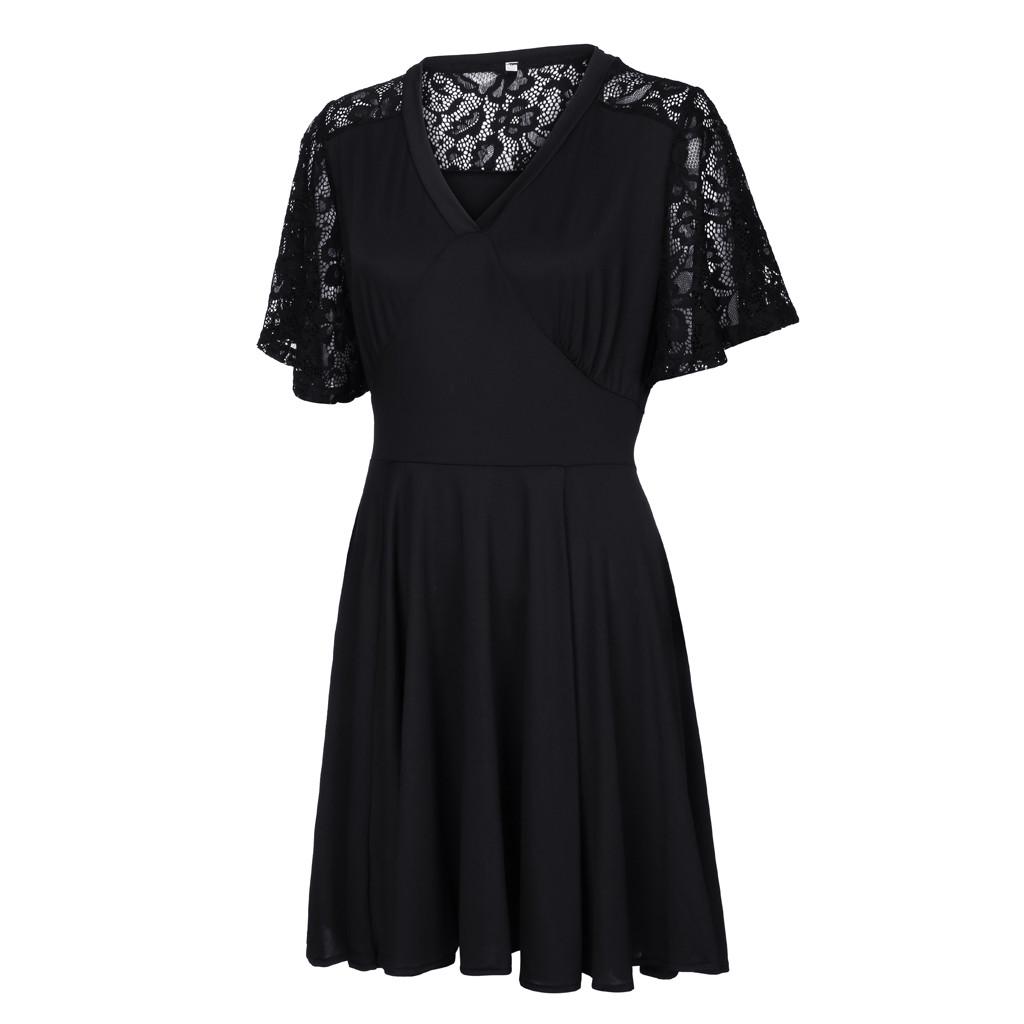 Fashion Women Plus Size Casual Solid V-Neck Short Sleeve Lace A-Line Swing Dress