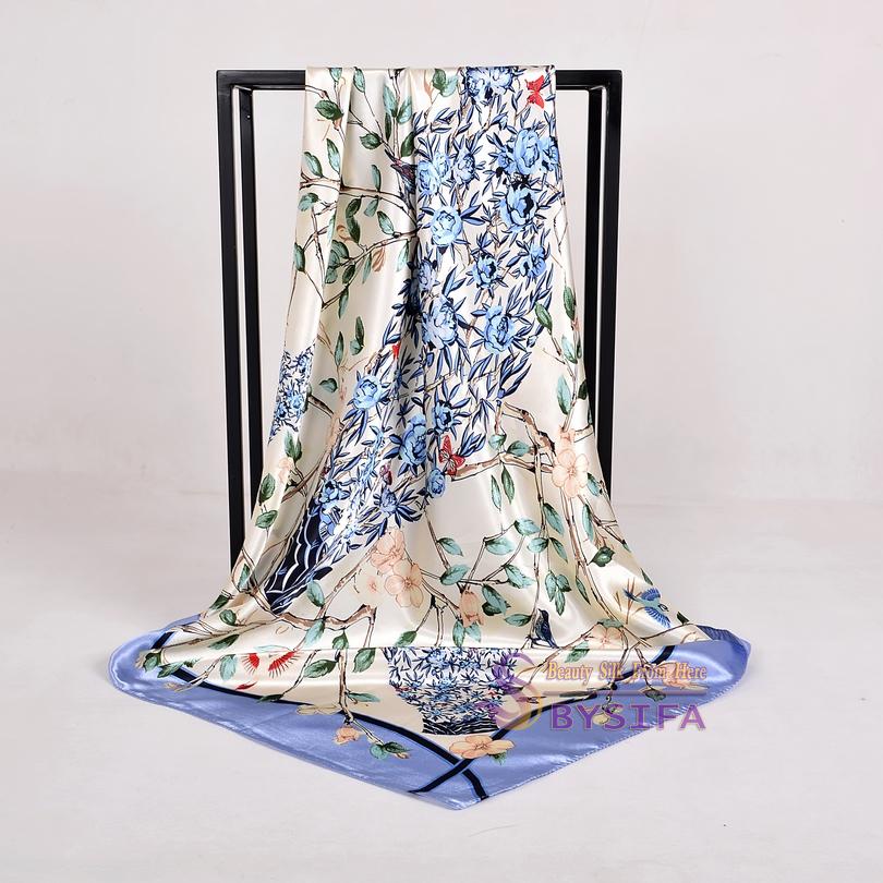 [BYSIFA] Women Rose Silk Scarf Shawl Spring Autumn Large Orange Green Square Scarves Wraps New Design Ladies Head Scarf Cape