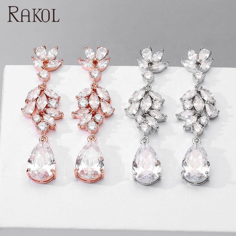 RAKOL EP5116 New Arrival Silver Plated Earrings Waterdrop Copper with Zircon Earrings for Women Flower Clear Water Drop Ear