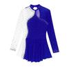 Womens Sparkly Rhinestone Figure Skating Dance Dress Contrast Color Sheer Mesh Patchwork Long Sleeve Mock Neck Dresses