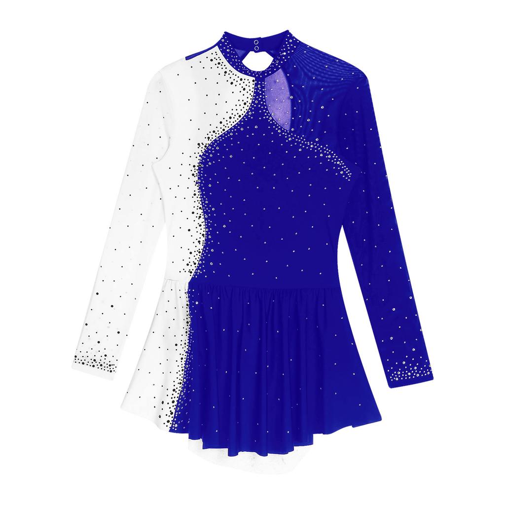 Womens Sparkly Rhinestone Figure Skating Dance Dress Contrast Color Sheer Mesh Patchwork Long Sleeve Mock Neck Dresses