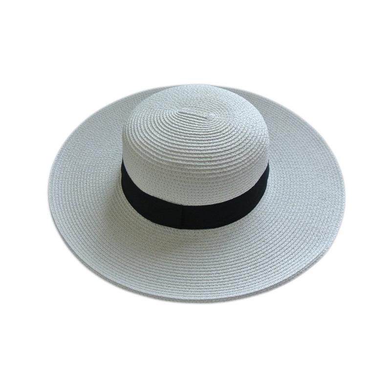 Korea Foreign Trade Summer French Wide Brim White Black Flat Top Straw Hat Women'S Sunshade Sun Hat Panama Top Hat