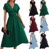 Women's Loose Casual Solid Color V-Neck Waist Pleated Long Dress Waist Pleated Long Dress
