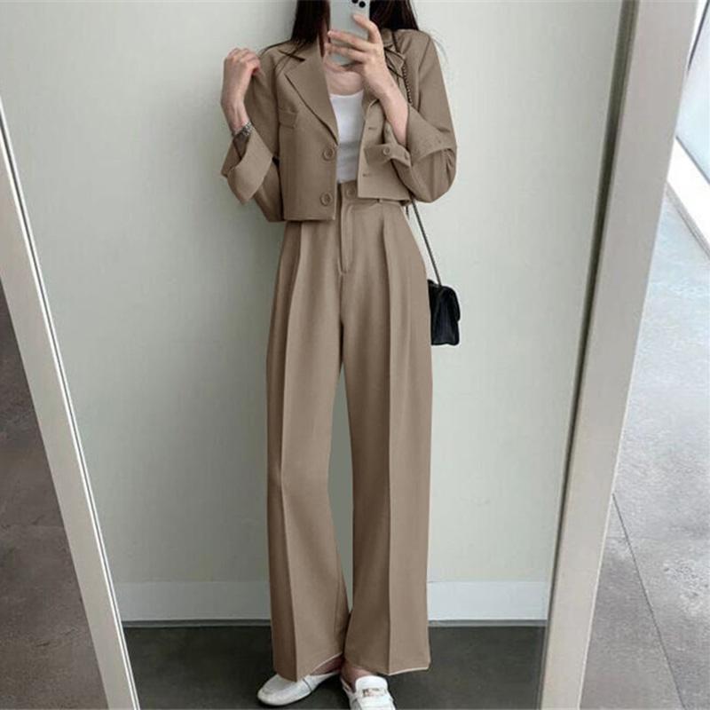Two Piece Sets Women Outifits Fall Office Lady Pants Korean Blazer Suits Long Sleeve Fashion Coat Black High Waisted Pants