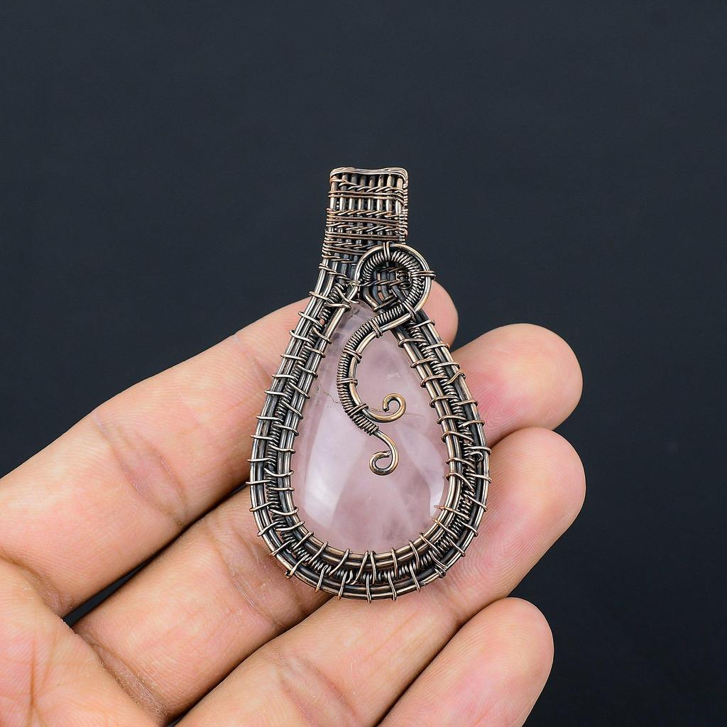 Rose Quartz Jewelry, 999 Copper Wire Wrapped Pendant Handmade Gemstone Jewelry, Gifts For Wife Brand New Pendant