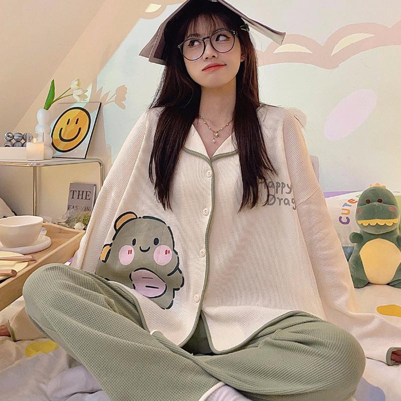 Весенне-осенний женский мультяшный вафельный пижамный комплект с длинными рукавами для дома, свободный милый повседневный домашний костюм для студентов