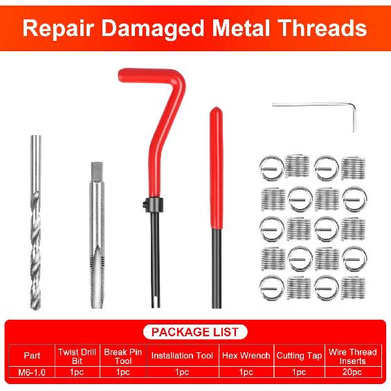 Thread Repair Kit M6 X 1.0Mm, Helicoil Metric Thread Repair Ert Kit With HSS Drill Bits, Rethreading Erts Tool Set For Damaged Thread Repairing