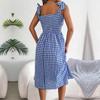 Women Spring Summer Halter Neck Sleeveless Casual Lace-Up Contrast Plaid High Waist Long Dress S-XL