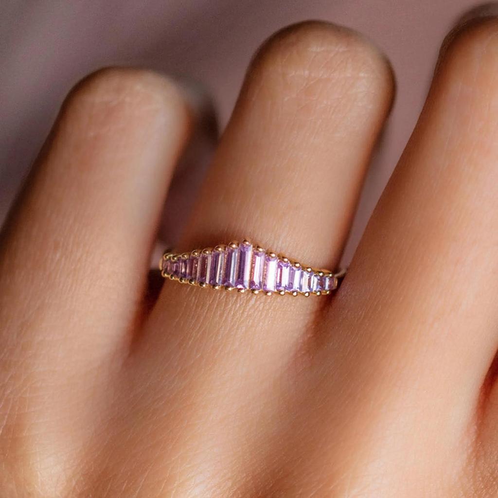 Amethyst Chevron Band – Gold Plated V-Shaped Baguette Cut Ring, Purple Gemstone Stacking Wedding Band, Anniversary Gift for Women