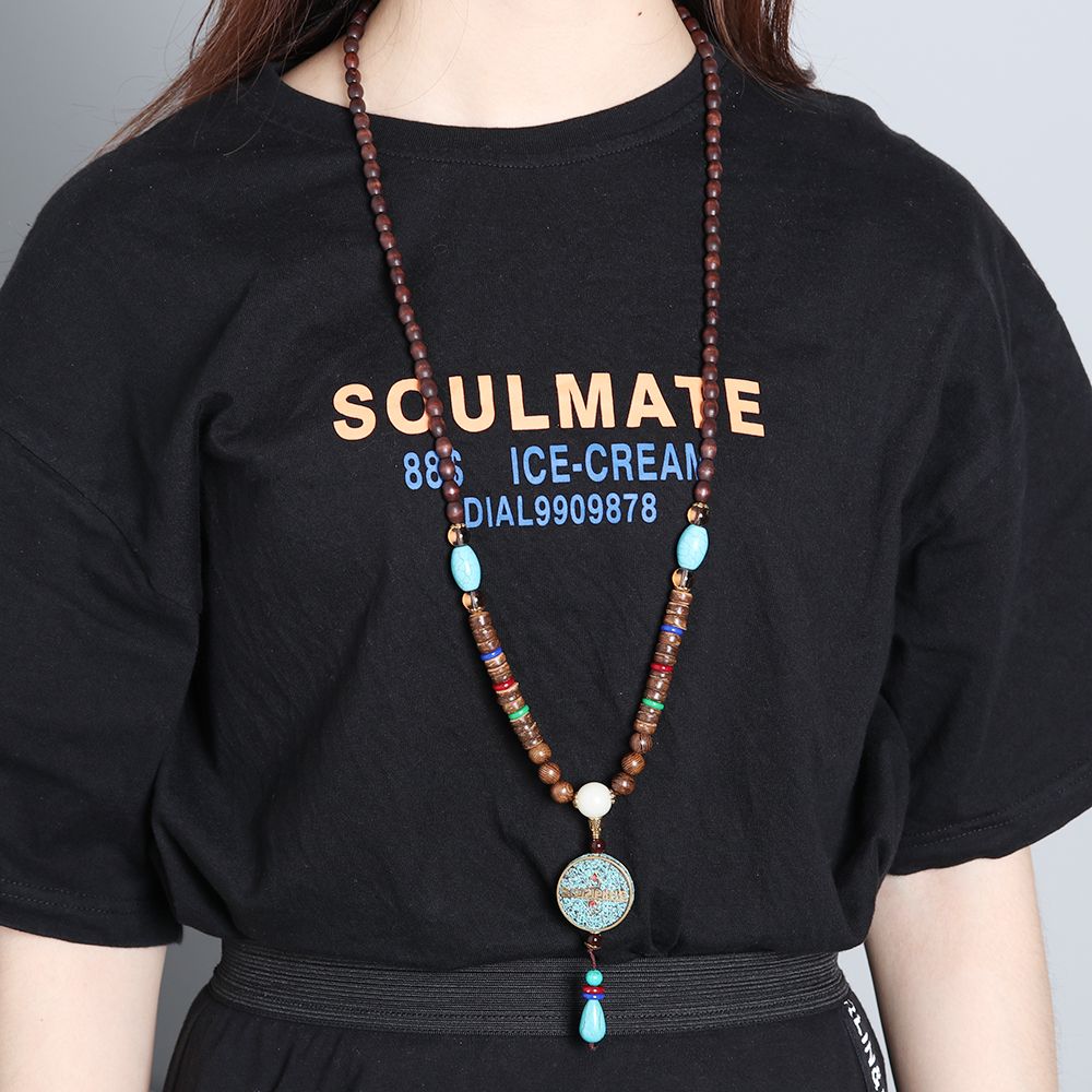 Boho Lucky Gift Ethnic Jewelry Party Buddhist Mala Wood Bead Horn Fish Pendant Nepal Necklace