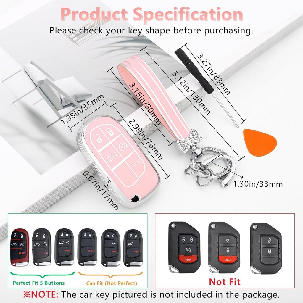PIFOOG Pink Key Fob Cover for Jeep Cherokee Grand Cherokee Compass Renegade Bling Keychain 5 Buttons Car Keys Case Shell Full Covers Protector Girly