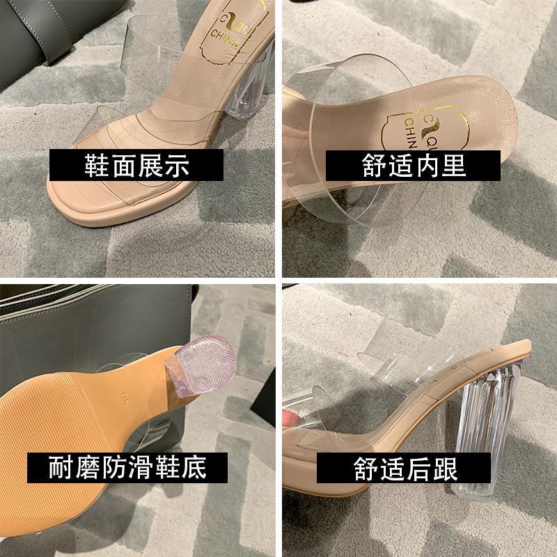 Босоножки на высоком каблуке женские 2025 новая летняя верхняя одежда изысканные и высококачественные однотонные толстые каблуки прозрачные кристаллы классные тапочки