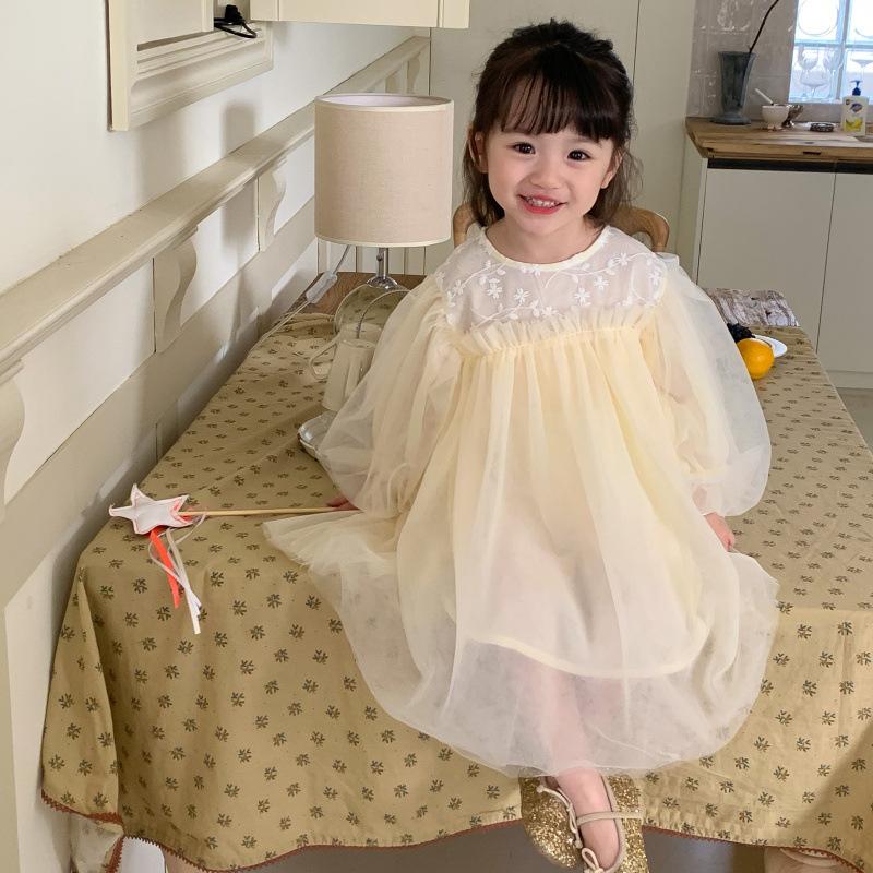 Детская одежда, весна-лето, тонкое кружевное тюлевое платье с длинными рукавами, корейский стиль, модные сетчатые платья принцессы для девочек, милые сказочные платья