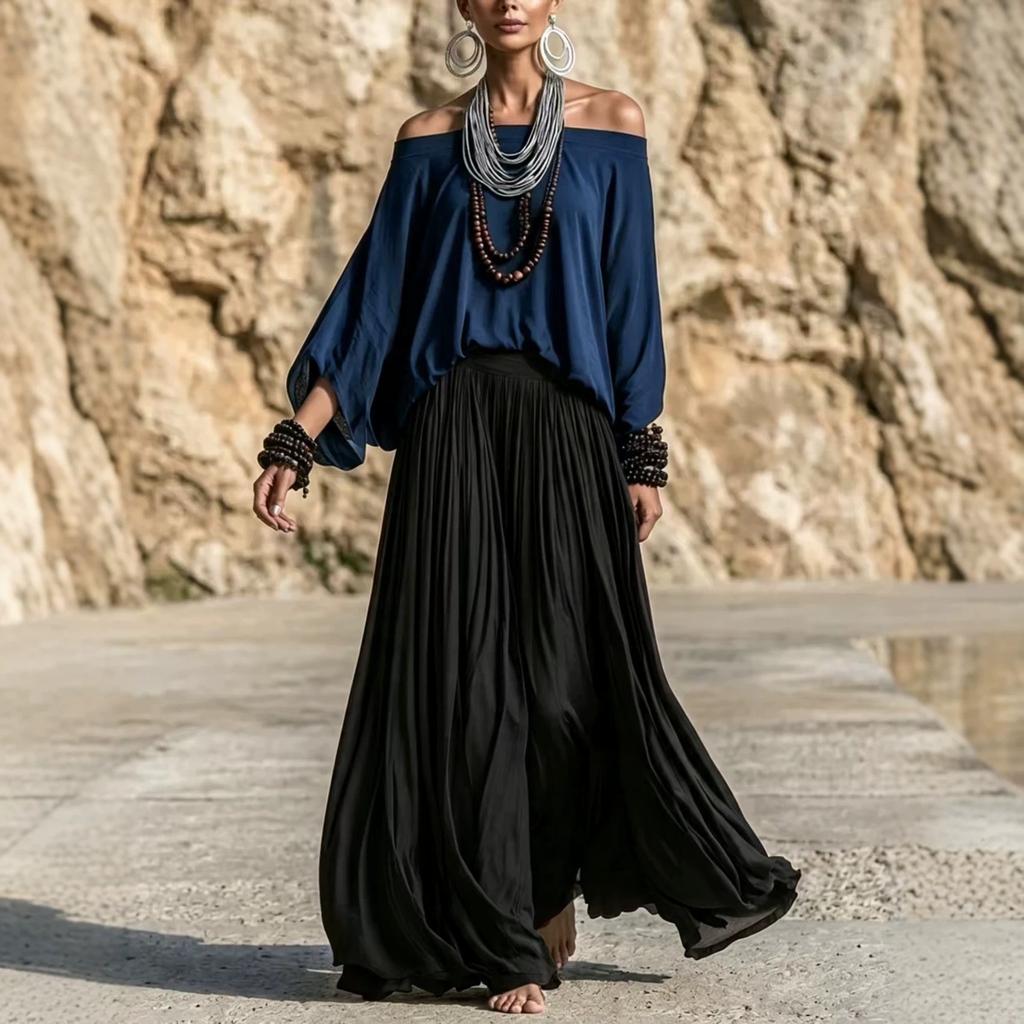 1116 European and American women's bohemian two-piece set off-the-shoulder shirt sleeves high-waisted pendulum long skirt casual suit