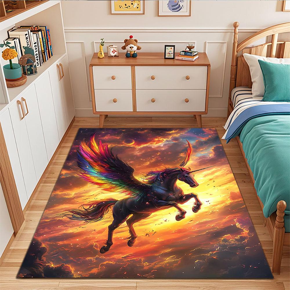 "Rainbow-Winged Unicorn in Sunset Sky" Patterned carpet, suitable as a non slip play mat for the living room and bedroom sofa