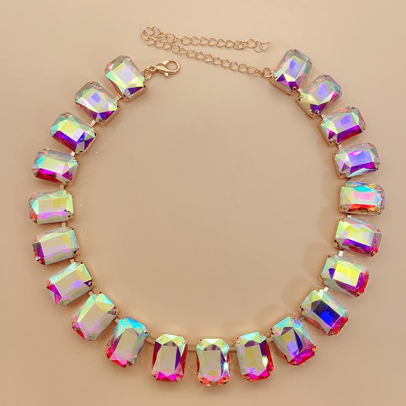 Mixed Color Rectangular 13x18 Crystal Gemstone Necklace - European & American Choker Design