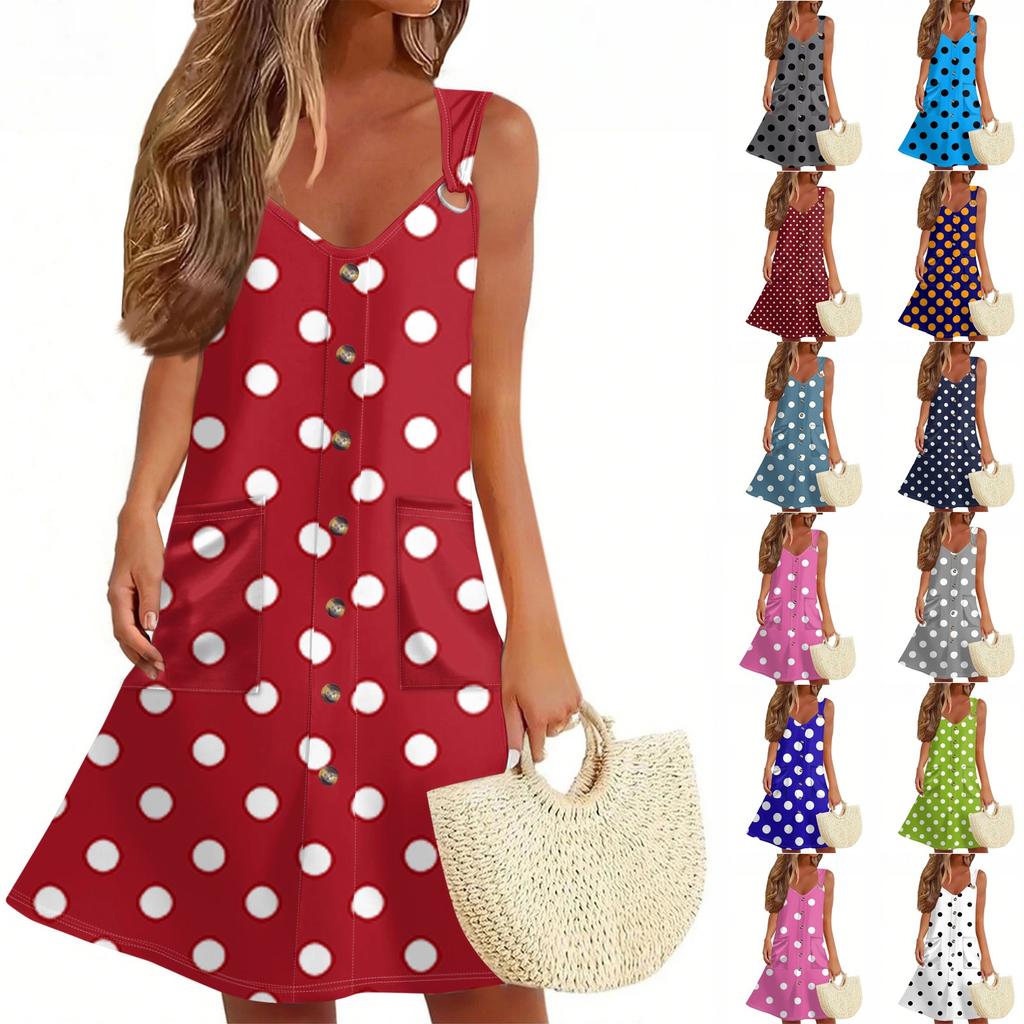 Women's Summer Dress With Pocket Sleeveless Polka Dot Print Sundress