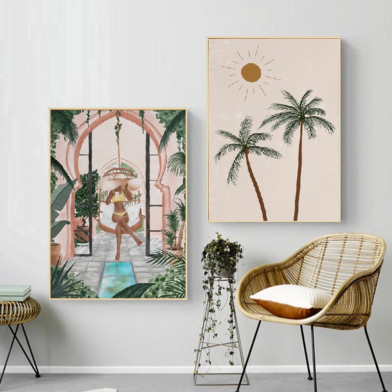 Tropical Summer Woman Art Boho Chic Watercolor Jungle Print Canvas Painting Living Room Bath Wall Home Decor Poster Pictures
