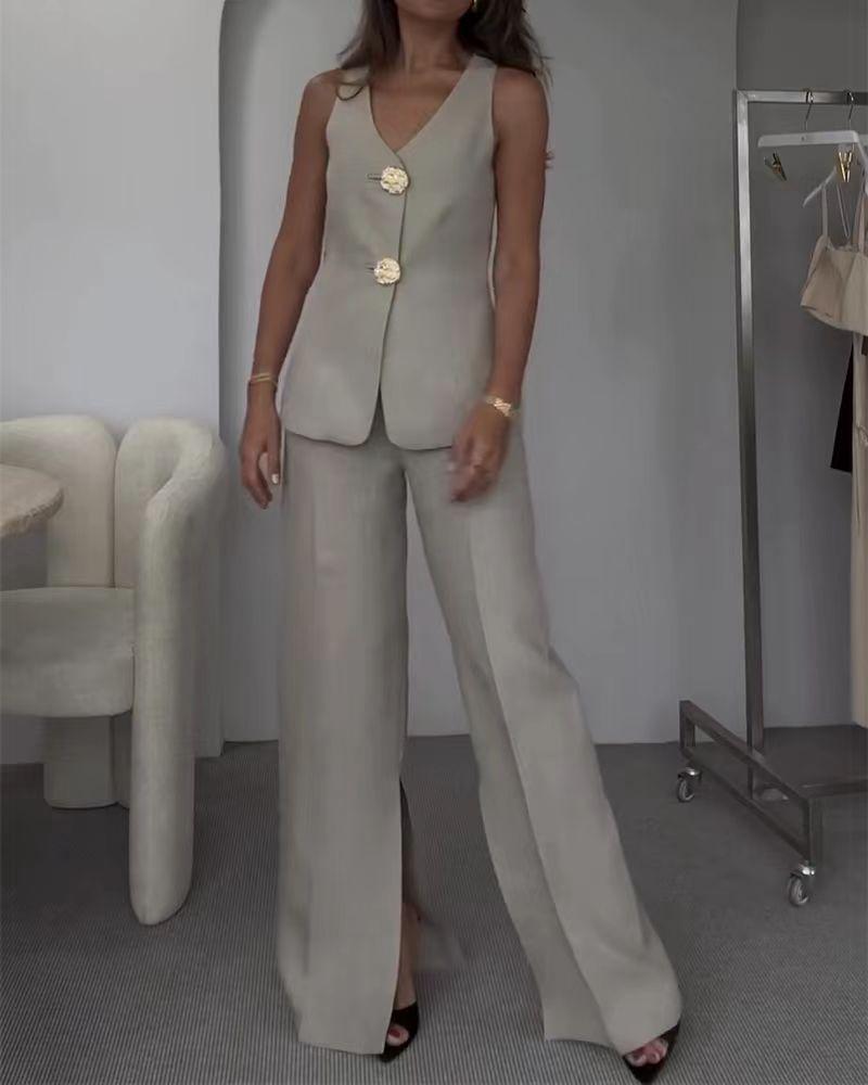 2024 Elegant Solid Color V-neck Sleeveless Vest & High-waisted Wide-leg Pants Set for Women