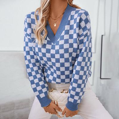 2024 Осень и зима Новый европейский и американский вязаный свитер с V-образным вырезом Свободный пуловер клетчатый цветной свитер для женщин