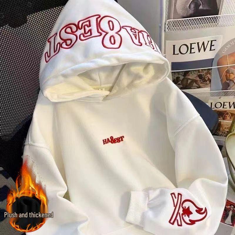 Cross-Border American Rapper Style 351-400g Flame Embroidery Men's Heavyweight Pure Cotton Hoodie
