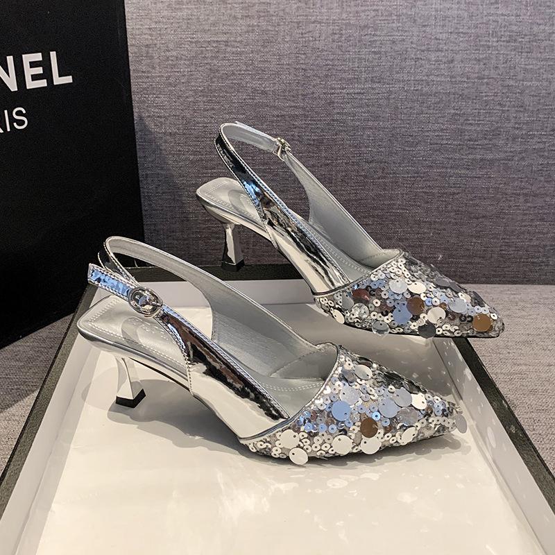 Французские нишевые туфли на высоком каблуке женские 2025 лето новая сумка голова пустые пайетки фея стиль острый носок тонкий каблук темперамент сандалии