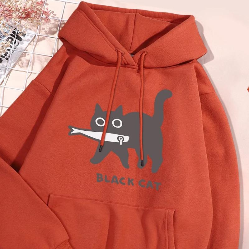 Веселая толстовка с капюшоном «Черный кот ест рыбу» для мужчин и женщин, модная толстовка Harajuku, свободная, свободного покроя, уличная одежда, флис, теплые толстовки и свитшоты для пар, унисекс