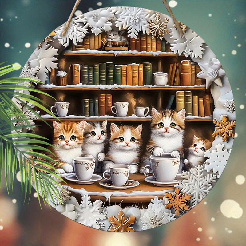 2D Flat Hanging Decorative Signs,interior Wall or Door Decoration,garden Dec,the Pattern Is Bookshelf and Cute Kitten,a Housewarming Gift for Friends