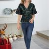 Women Sequin Tops V-Neck Ruffle Sleeves Glitter Blouses Waist Tight Elastic Hem Evening Cocktail Shiny Tops