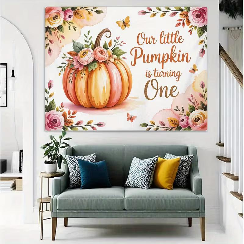 2D Floral & Butterfly Pumpkin Backdrop for Autumn Baby Shower and 1st Birthday Decor
