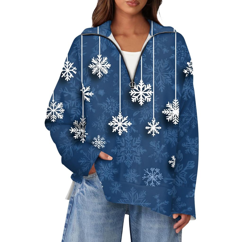 Женский повседневный свитер с полумолнией и лацканами со снежинками и разрезом сверху по бокам, модная одежда