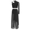 Womens Rhinestone Lyrical Outfit Asymmetrical Long Sleeve Crop Top Loose Irregular Overlay Pants