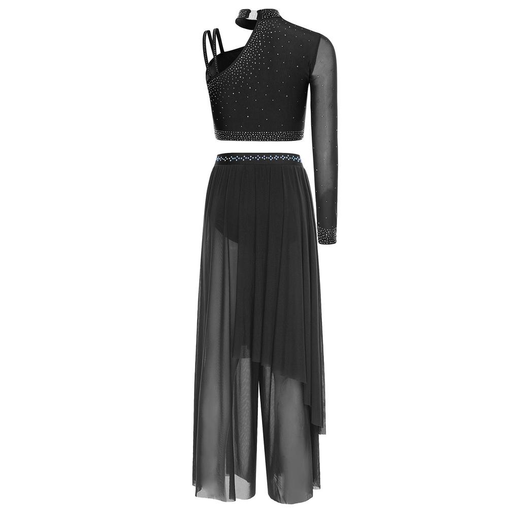 Womens Rhinestone Lyrical Outfit Asymmetrical Long Sleeve Crop Top Loose Irregular Overlay Pants