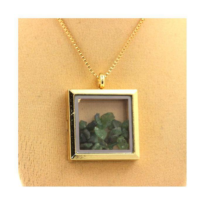 Stones and Minerals. Raw Tsavorite Garnet Necklace. Square Model. Gold Color.