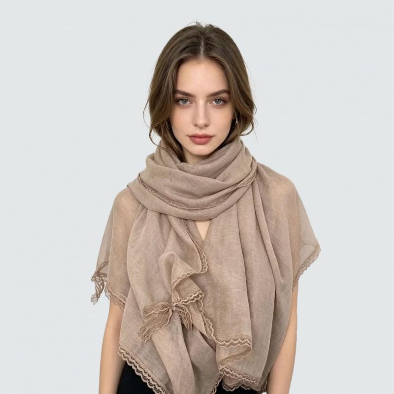 Lightweight Cotton Linen Blend Scarf With Lace Trim Breathable Shawl Versatile Wrap In Solid Colors