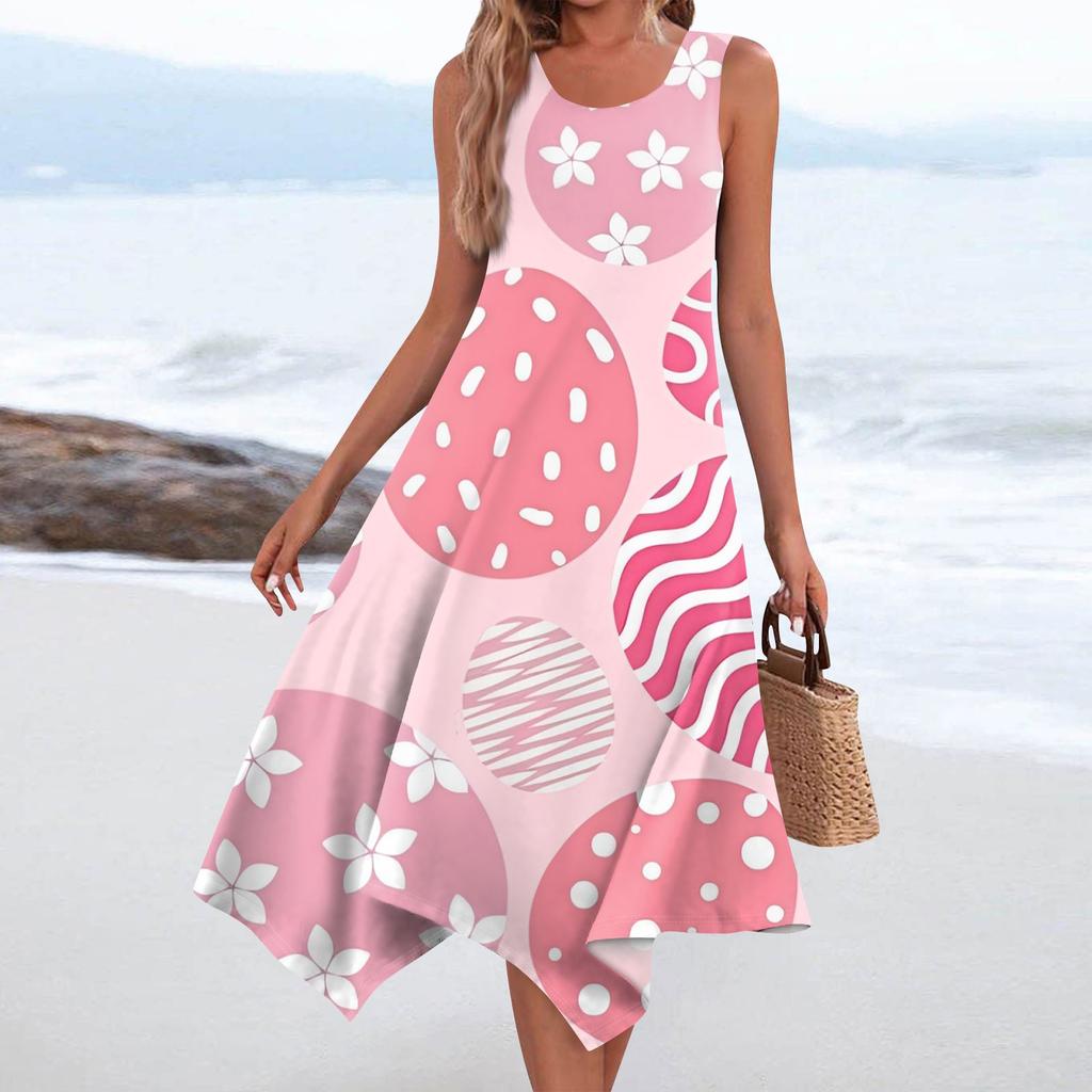 Women's Casual Fashion Round Neck Sleeveless Print Irregular Hem Midi Dress