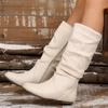 Модные осенне-зимние розовые полусапоги для женщин 2025 Модные плиссированные сапоги из искусственной замши Женские больших размеров 36-42 Плоский каблук Длинные боты Mujer