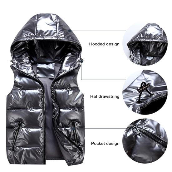 Women Men Winter Bright Color Vest Coat Hooded Sleeveless Pockets Design Zipper Placket Down Padded Windbreaker Lightweight Windbreaker